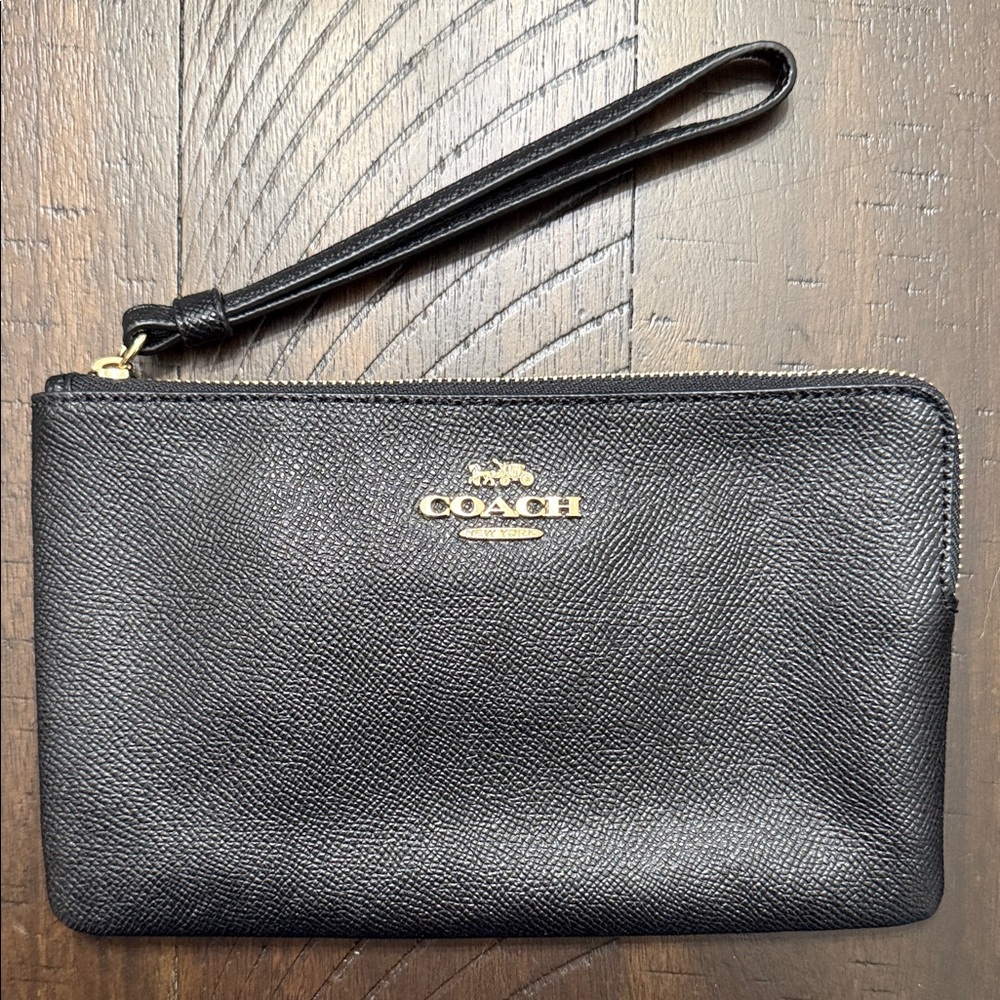 Coach Black Leather Wristlet with Gold Accents